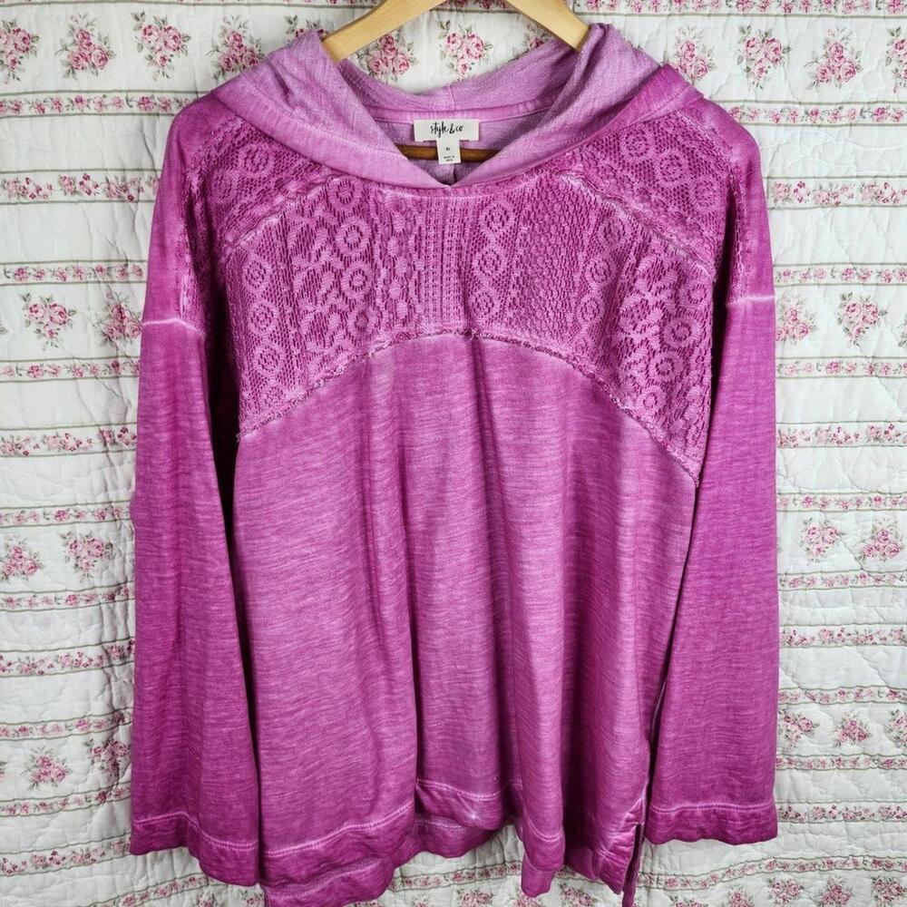 Style & Co Lace Yoke Hoodie Pullover Top Casual Comfy XL
